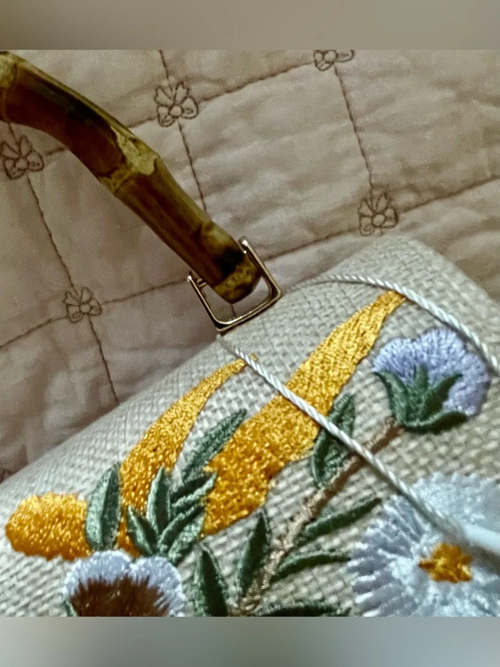 Tommy Bahama Bird & Floral Embroidered Canvas Bamboo Top Handle w Unique Chain